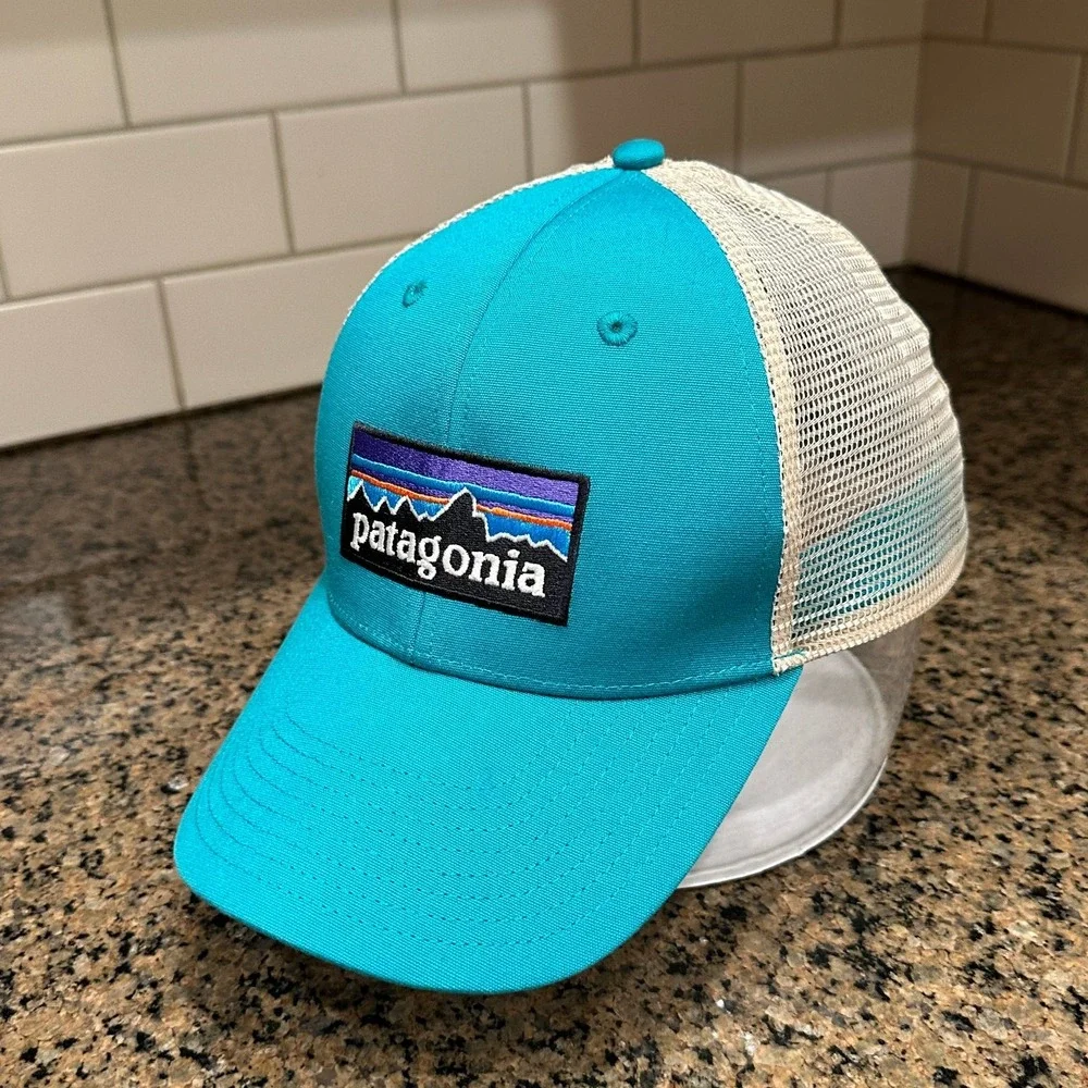 Patagonia P-6 Logo Trucker Hat Adjustable Teal Beige Organic Cotton